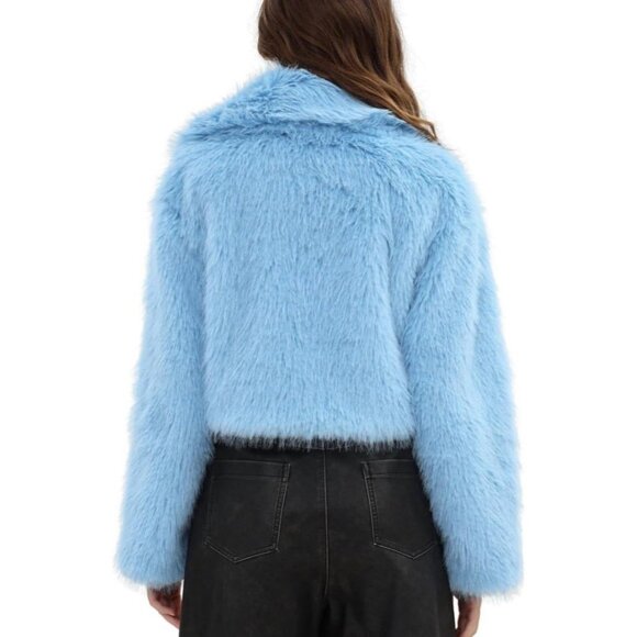 Women's Faux Fur Crop Lapel Jackets Open Front Long Sleeves Coat Pockets Blue - Picture 3 of 5
